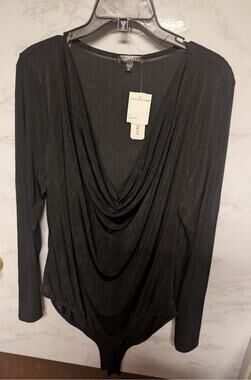 NEW Curvy Sense size 3X black shimmering drape neck bodysuit Long Sleeve Snap